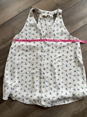 LOFT Cream Sleeveless V-Neck Tank with Blue Floral Print